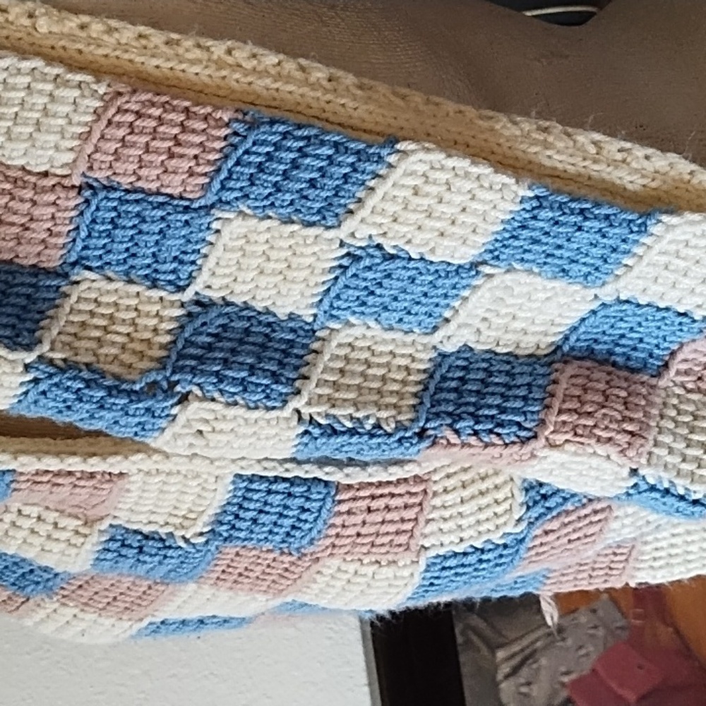 Wrap scarf Winter Handmade Knit Checkered Scarf - Blue, Pink, Cream - Picture 2 of 6